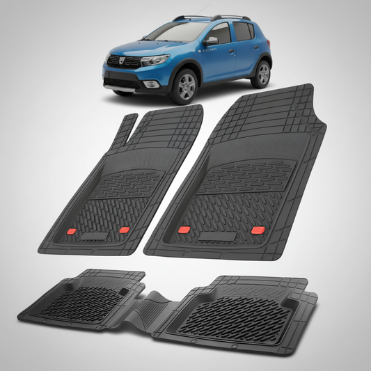 Set of black car floor mats with a blue car in the corner.