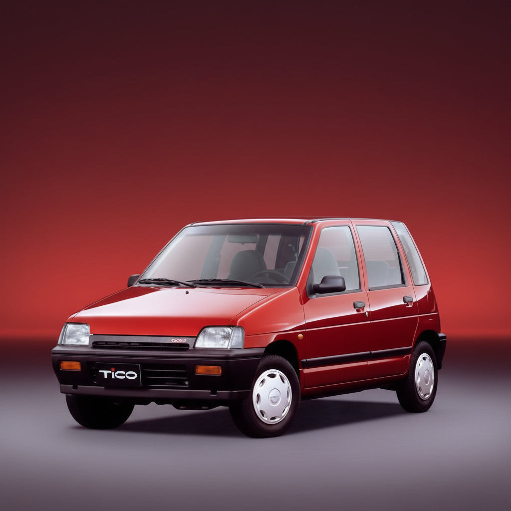 Red car with 'Tico' branding on a gradient background