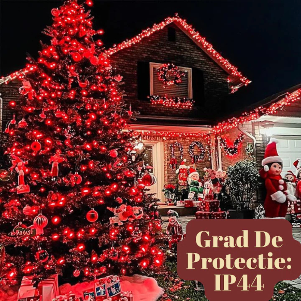 Decorated Christmas tree with lights and a house in the background, featuring text 'Grad De Protectie: IP44'.