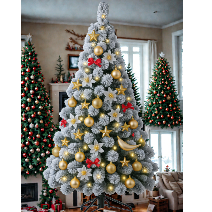 Decorated Christmas tree with gold ornaments in a living room setting