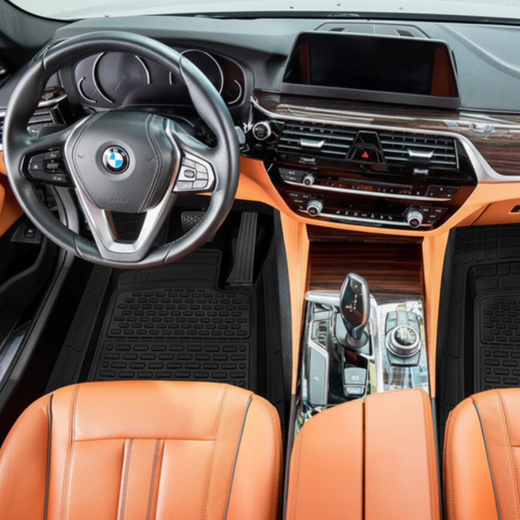 Car interior with orange leather seats and dashboard details