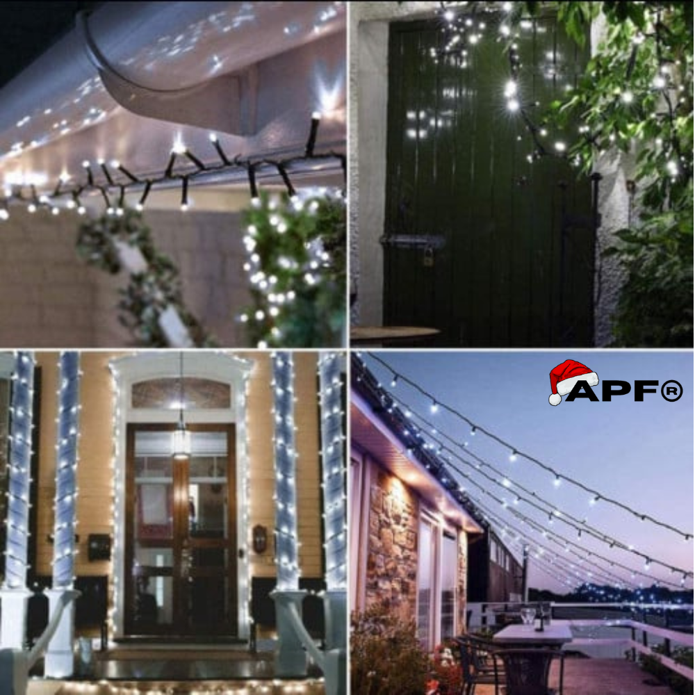 Collage of outdoor string lights in various settings with APF logo.