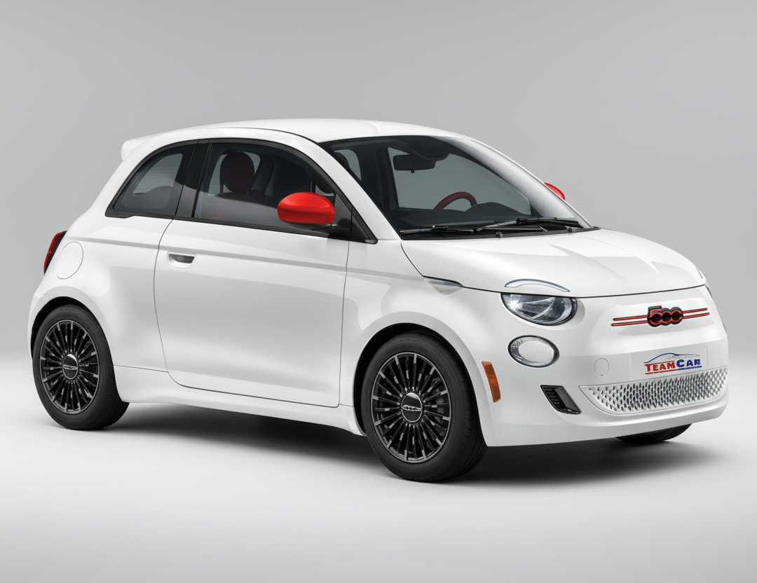 White Fiat 500EV with black wheels on a white background