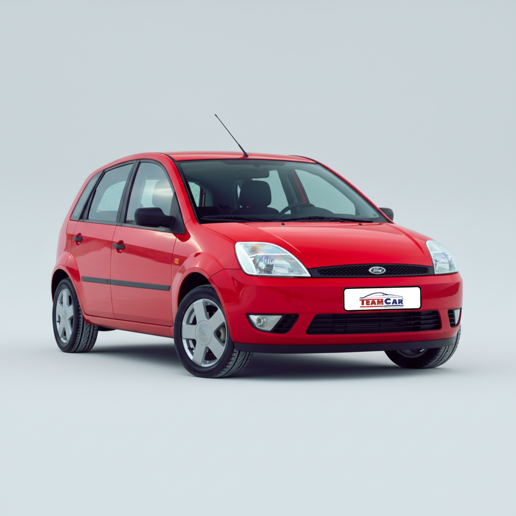 Red Ford Fiesta V Hatchback 5 uși (2002–2005) on a white background with 'TeamCar' logo.