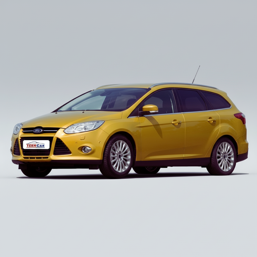 Yellow Ford Focus III Turnier (2011–2014) car on a white background