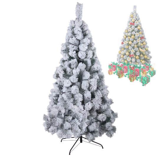 Frosted artificial Christmas tree with decorative elements on a white background