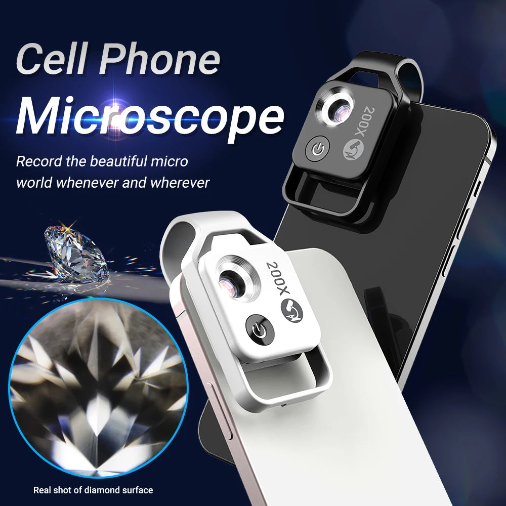 Microscop Digital 200X cu LED pentru Telefon Mobil - Lentilă SuperMacro Universala pentru iPhone și Samsung