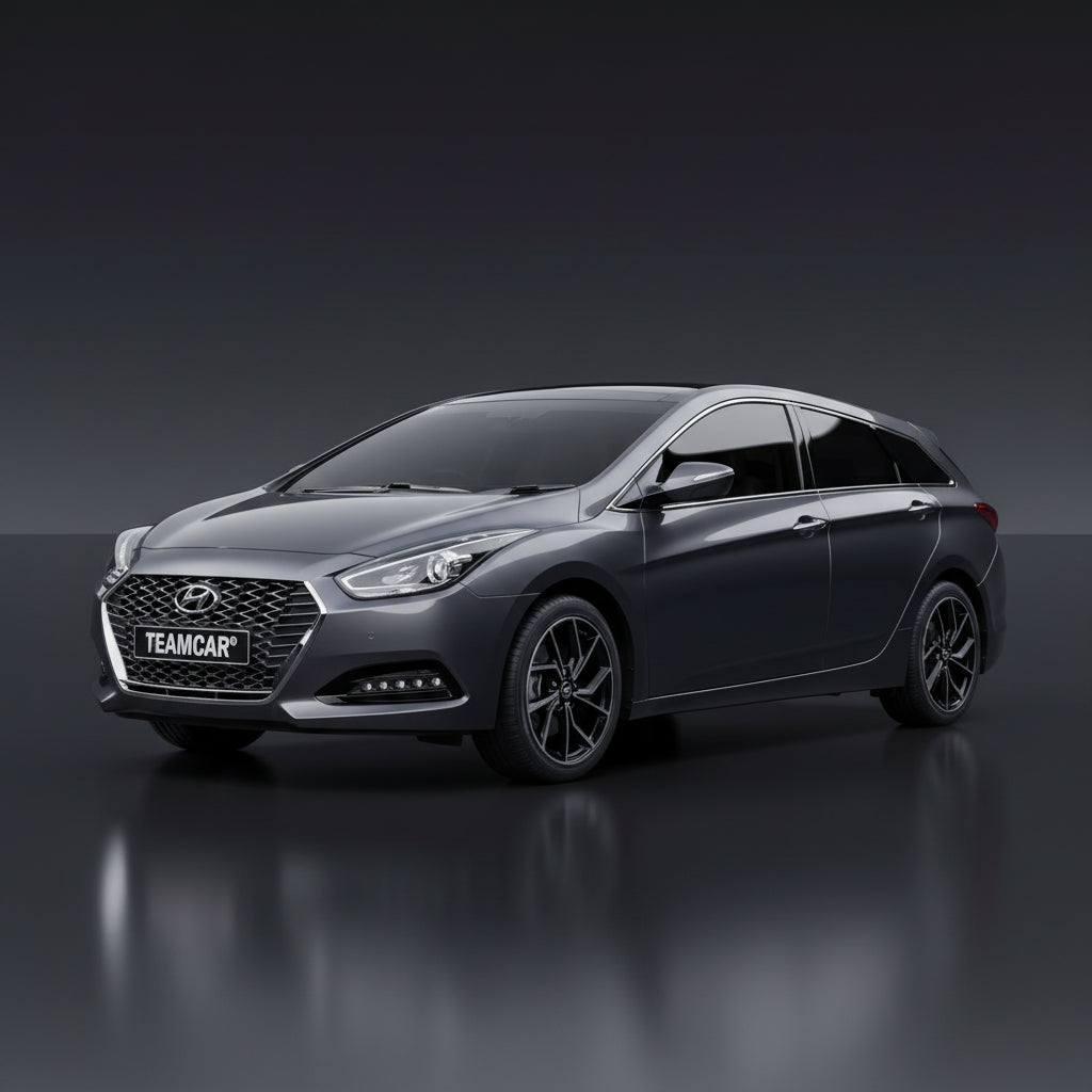 Gray car on a reflective black surface with a dark background