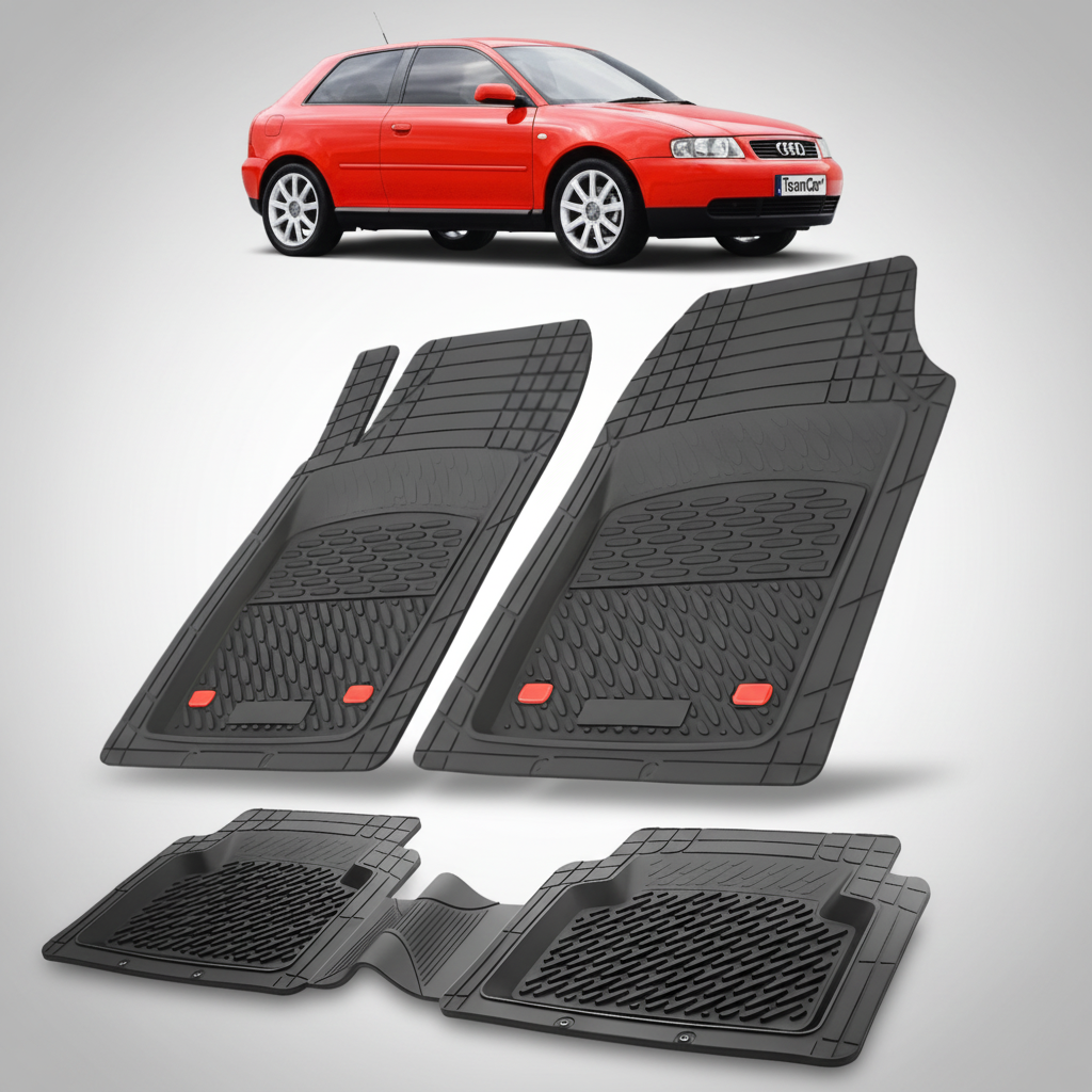 Set of black car floor mats with a red car in the background