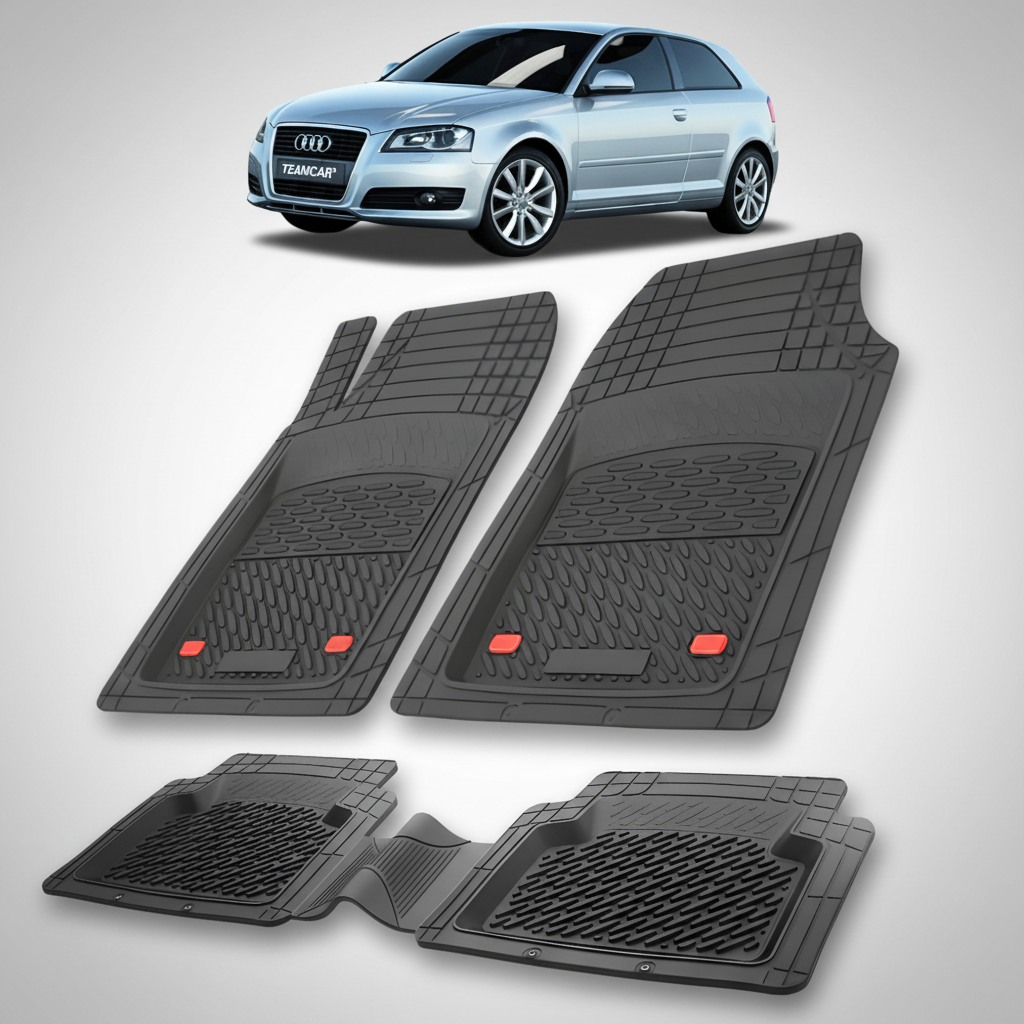 Set of black car floor mats with Audi logo in the corner