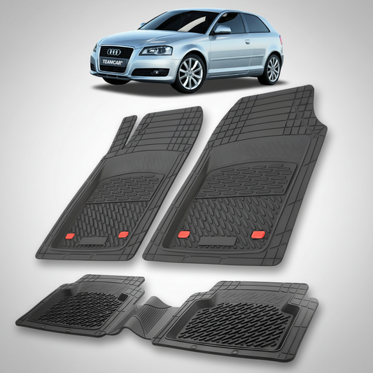 Set of black car floor mats with Audi logo in the corner