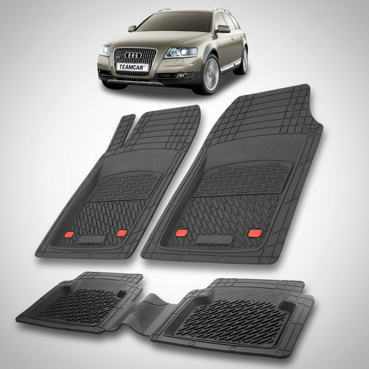 Set of black car floor mats with Audi logo in the corner