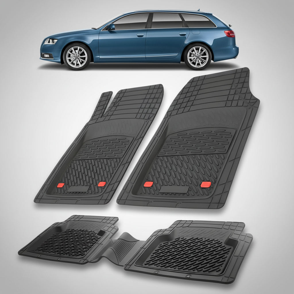 Set of black car floor mats with a blue car in the background