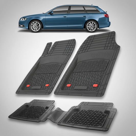 Set of black car floor mats with a blue car in the background