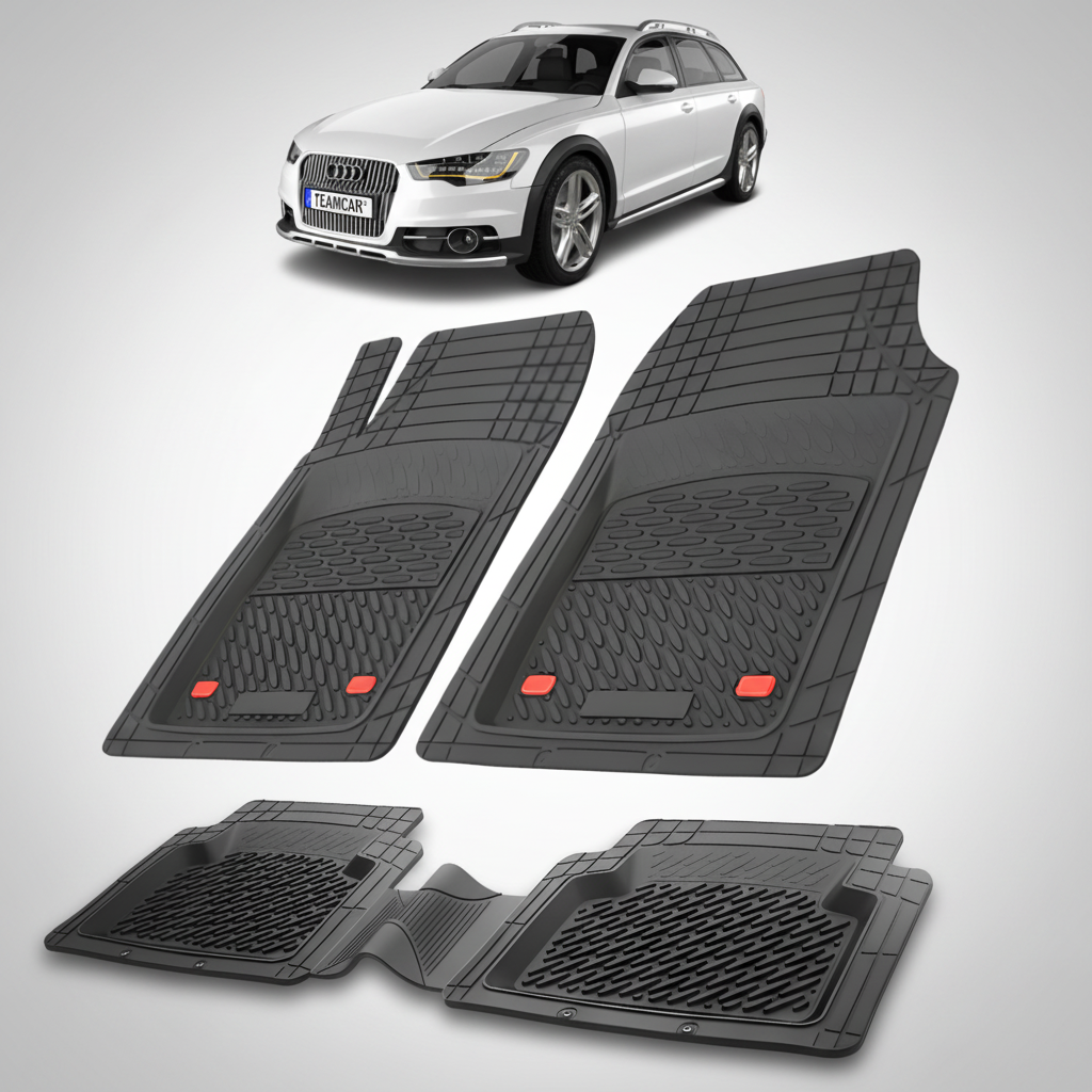 Set of black car floor mats with a white Audi car in the background