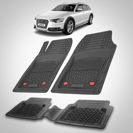Set of black car floor mats with a white Audi car in the background