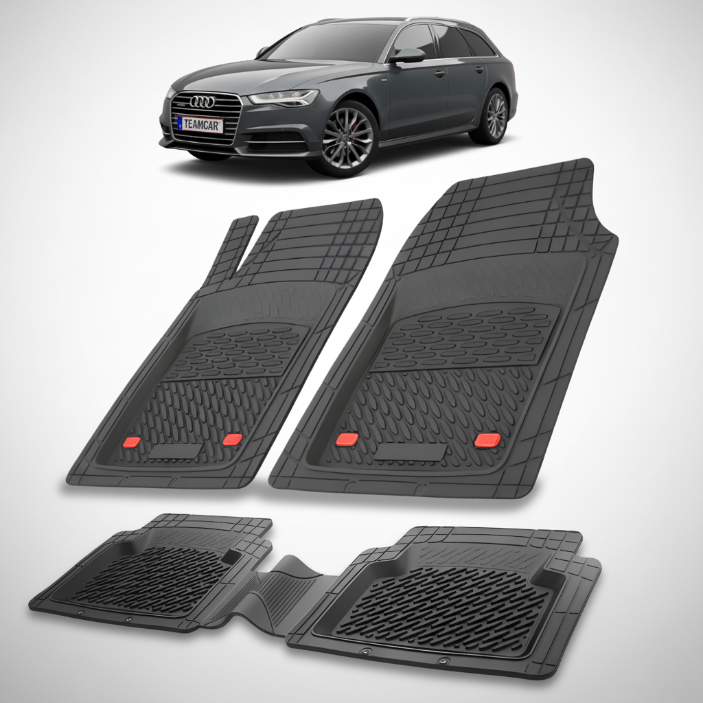 Set of black car floor mats with an Audi car in the background