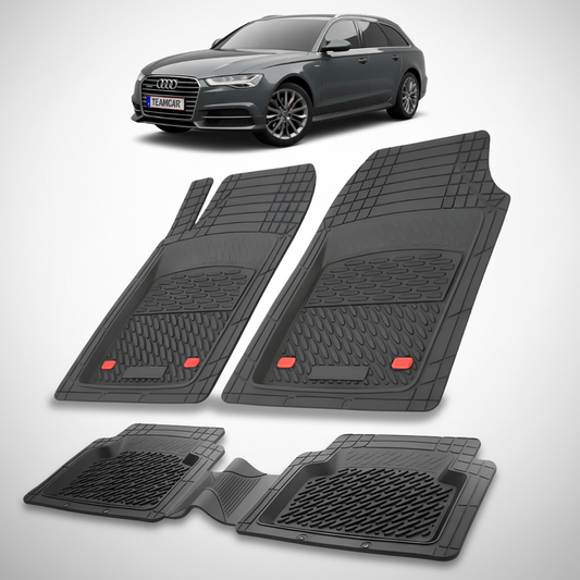 Set of black car floor mats with an Audi car in the background