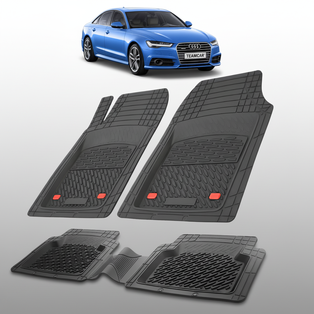 Set of black car floor mats with a blue Audi car in the corner.