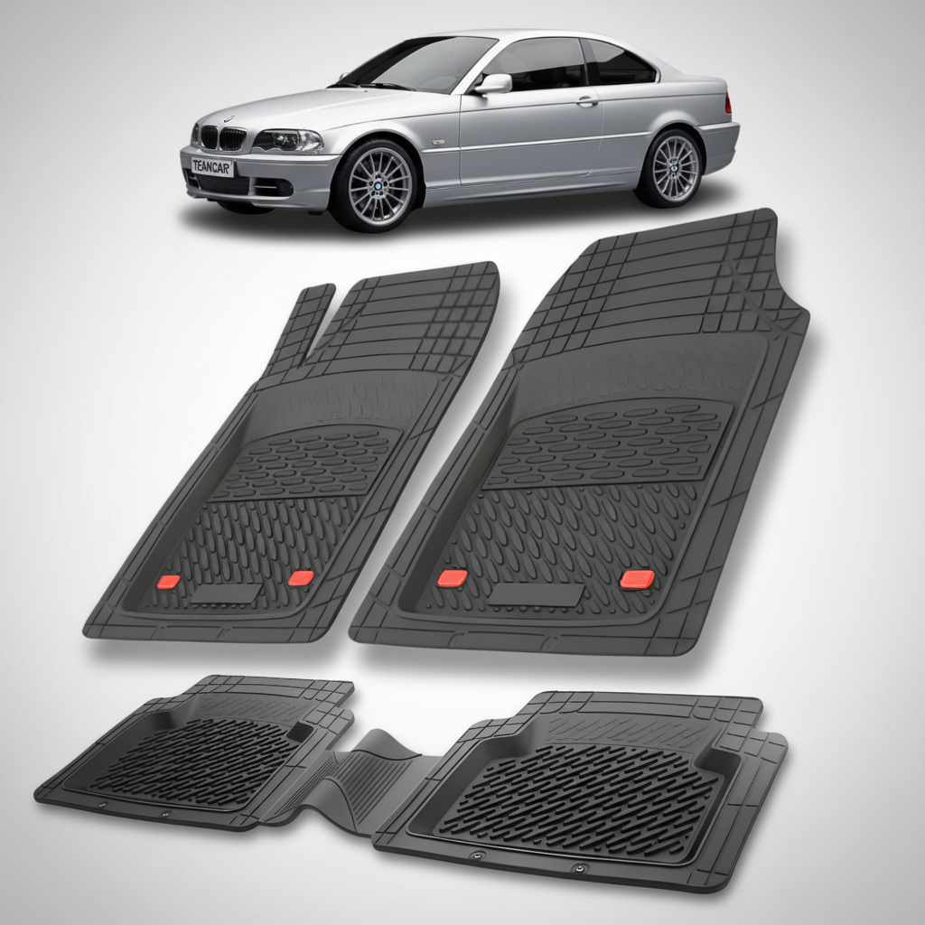 Set of black car floor mats with a BMW car in the background