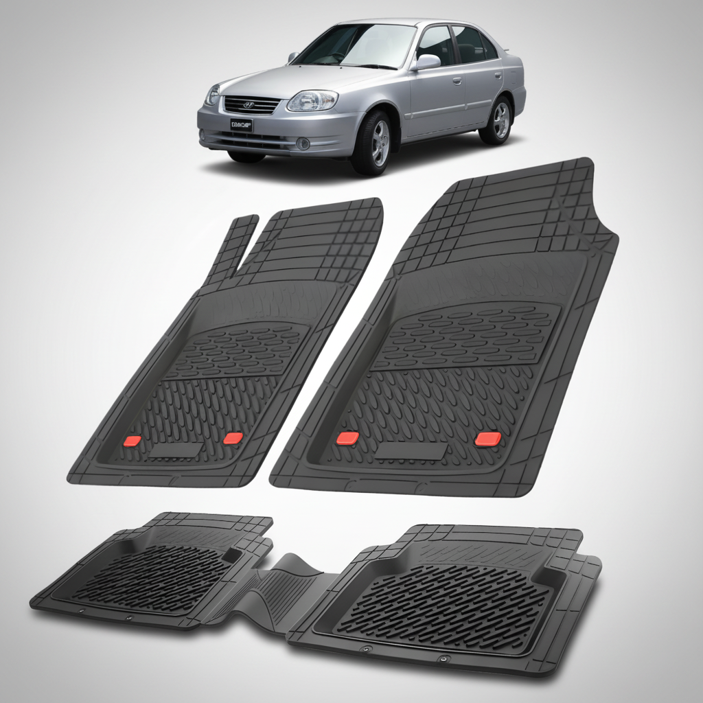 Set of black car floor mats with a silver car in the background