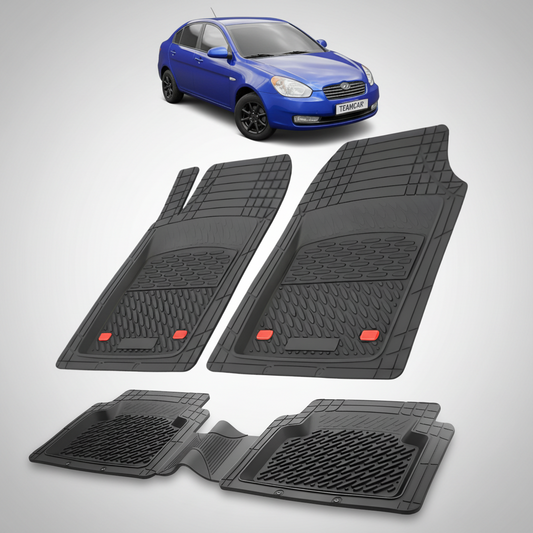 Set of black car floor mats with a blue car in the background