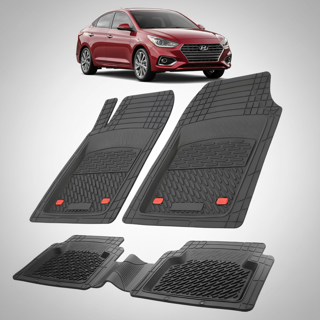 Set of black car floor mats with a red car in the background