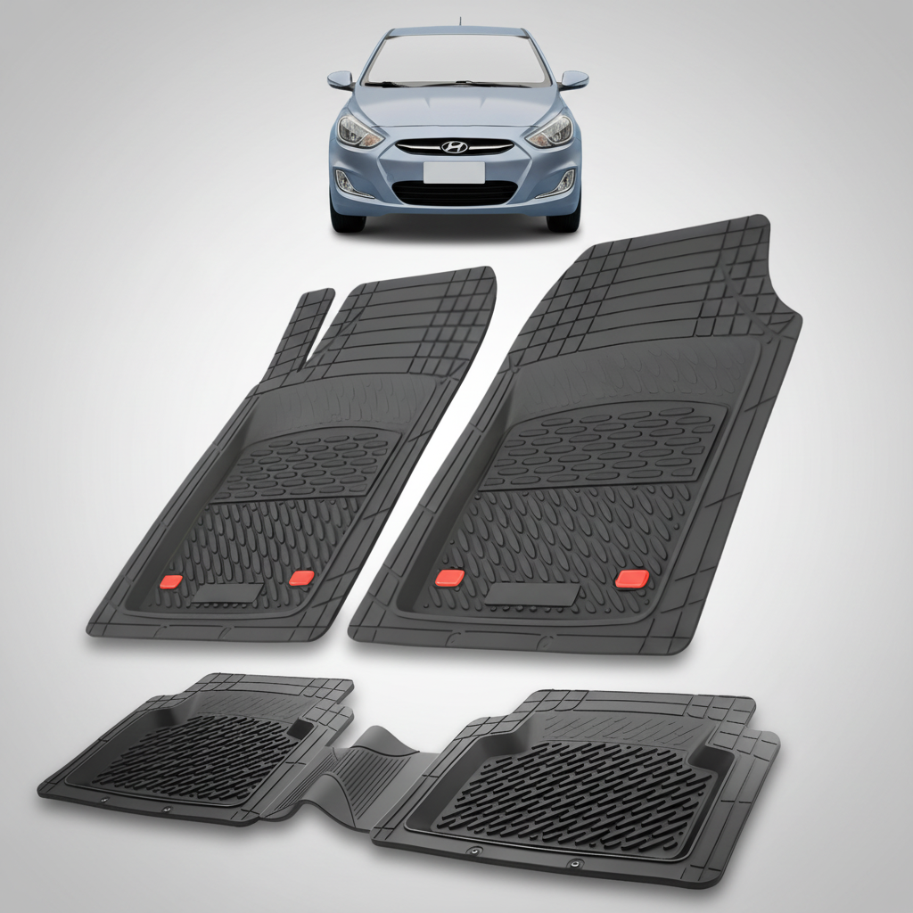 Set of black car floor mats with a small car model on a white background