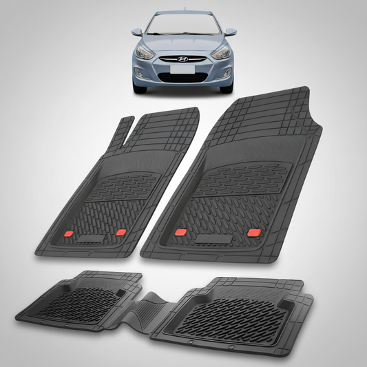 Set of black car floor mats with a small car model on a white background
