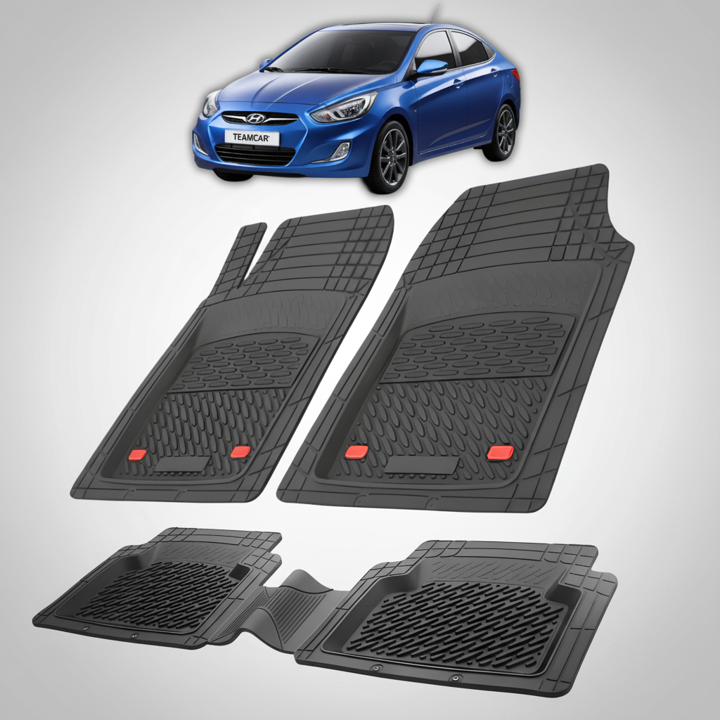 Set of black car floor mats with a blue Hyundai car in the corner.