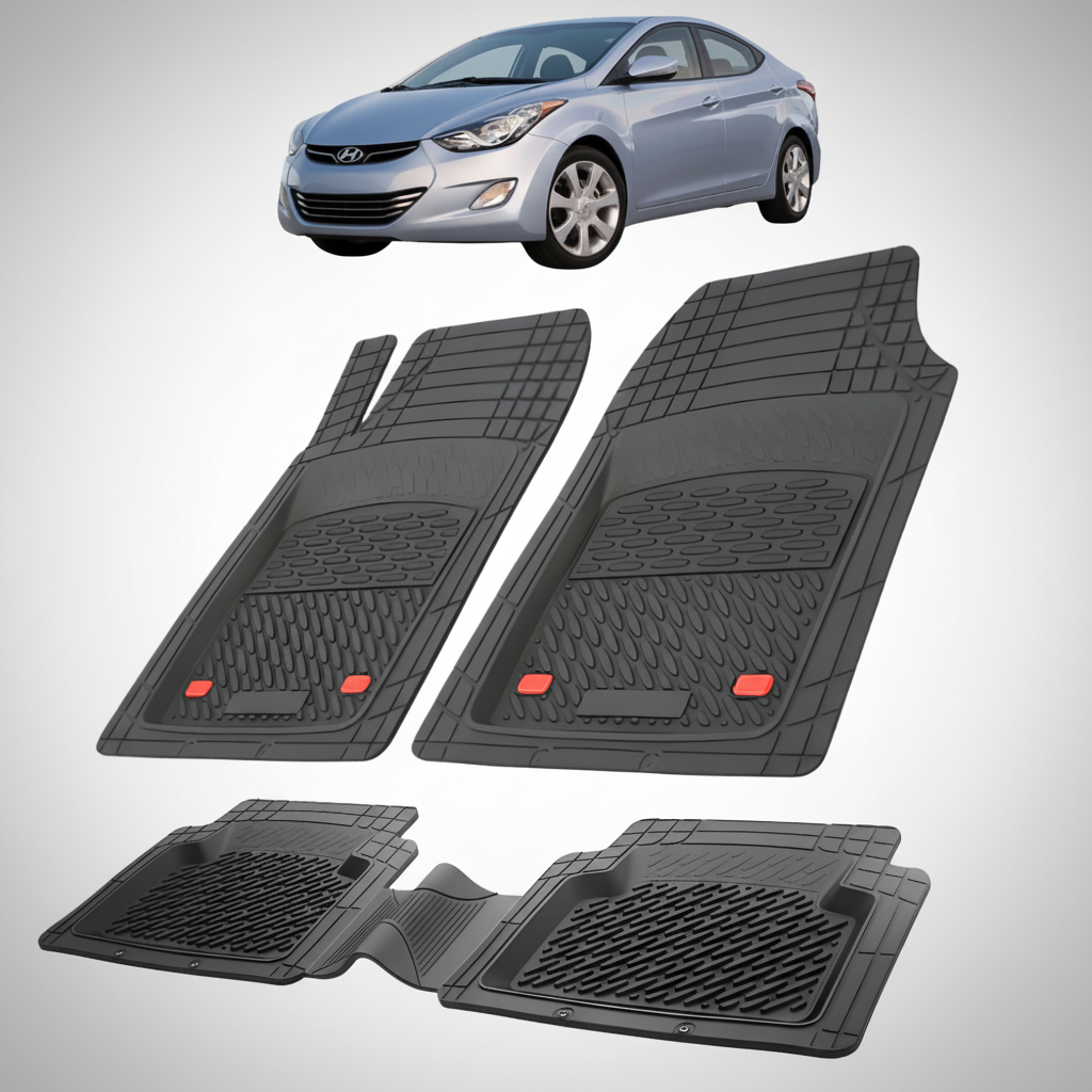 Set of black car floor mats with a Hyundai Elantra in the background
