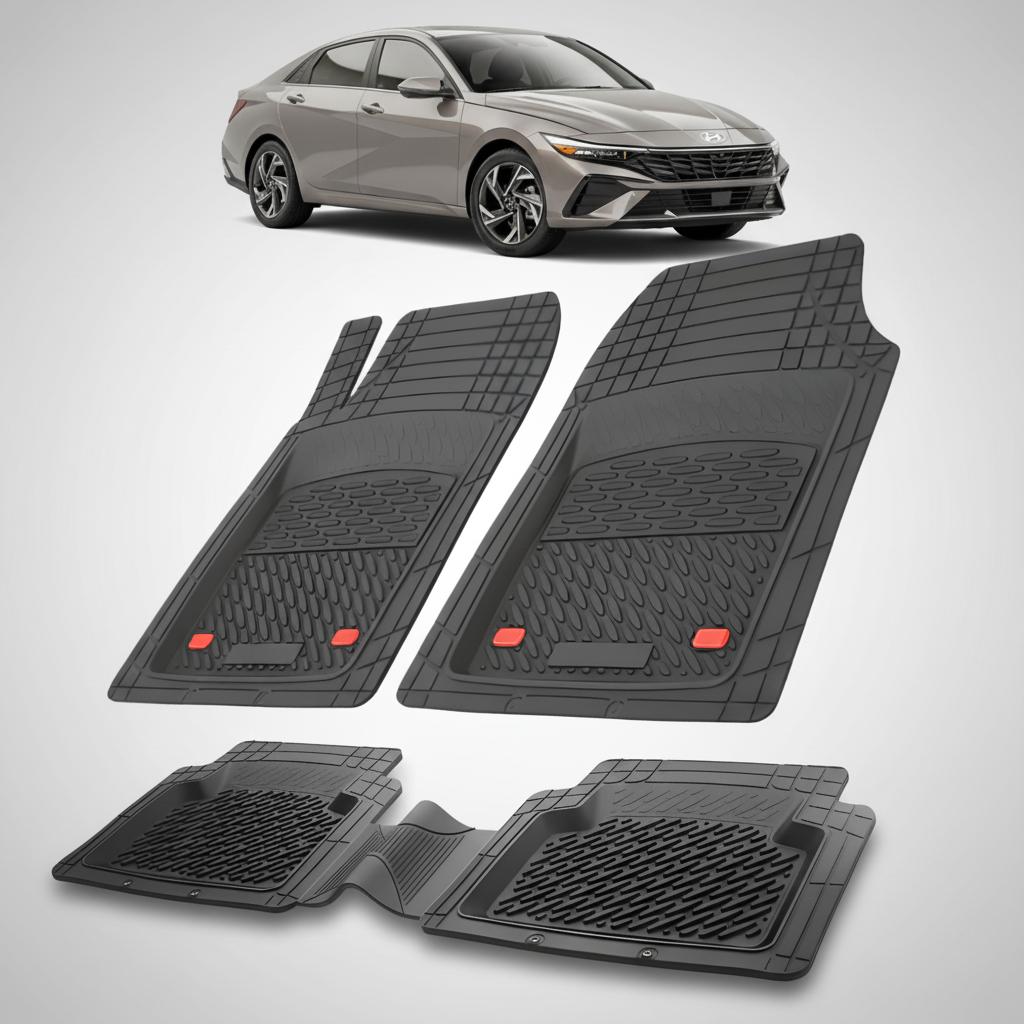 Set of black car floor mats with a car in the background