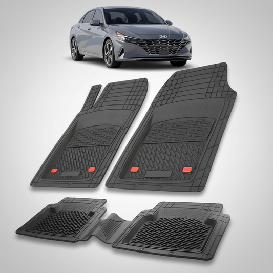 Set of black car floor mats with a Hyundai car in the background