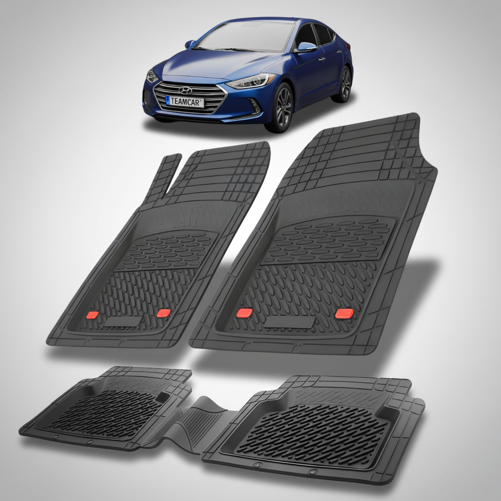 Set of black car floor mats with a blue Hyundai car in the background.