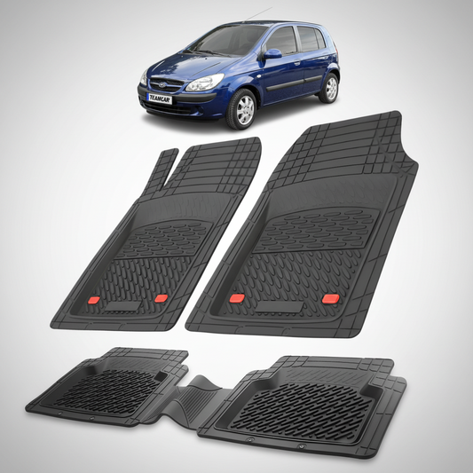 Set of black car floor mats with a blue car in the background