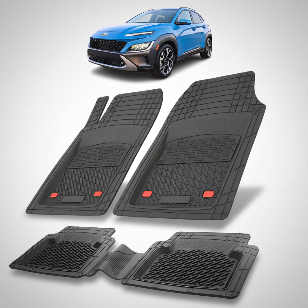 Set of black car floor mats with a blue SUV in the corner.