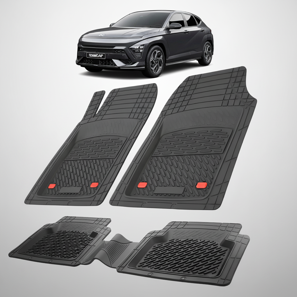 Set of black car floor mats with a car in the background