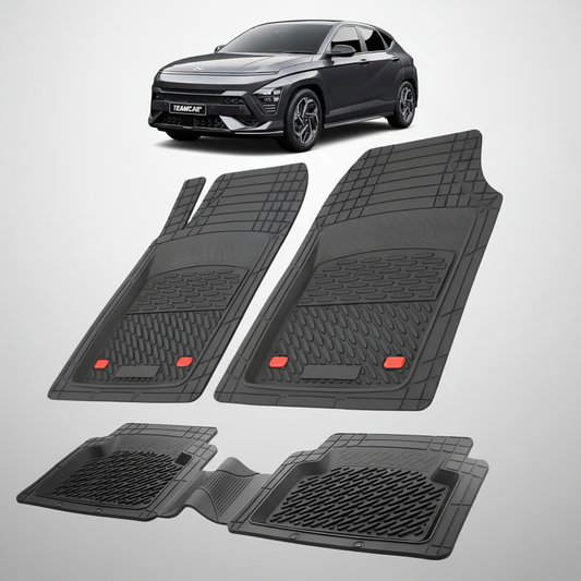 Set of black car floor mats with a car in the background