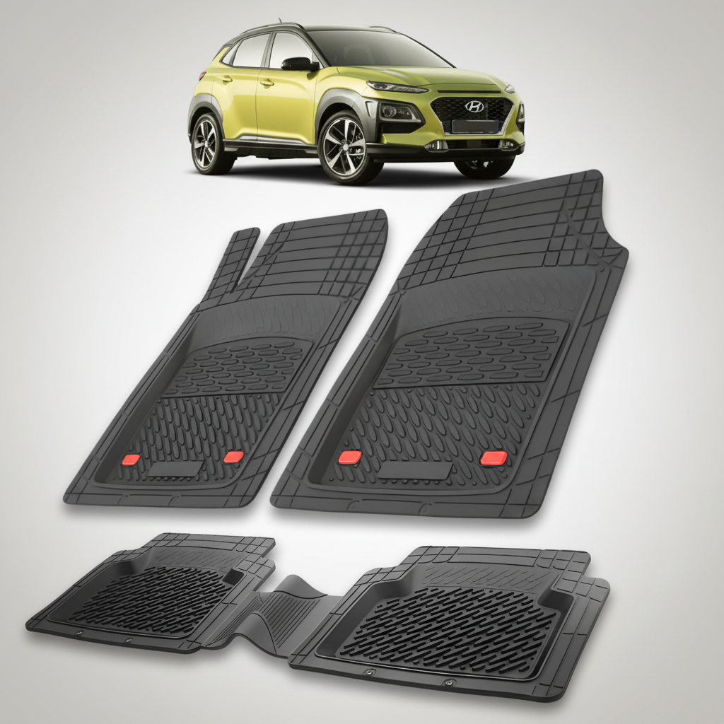 Set of black car floor mats with a green Hyundai Kona in the corner.