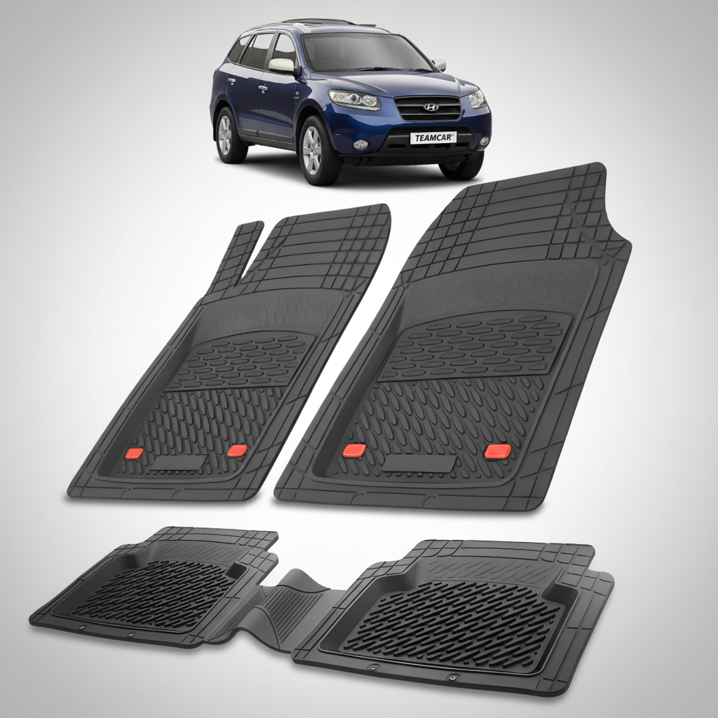 Set of black car floor mats with a blue SUV in the background
