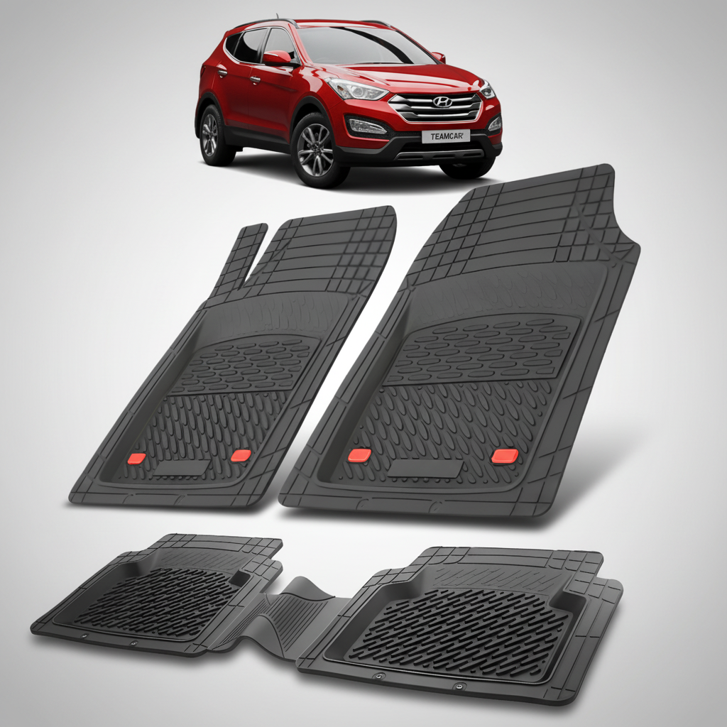 Set of black car floor mats with a red SUV in the corner on a white background