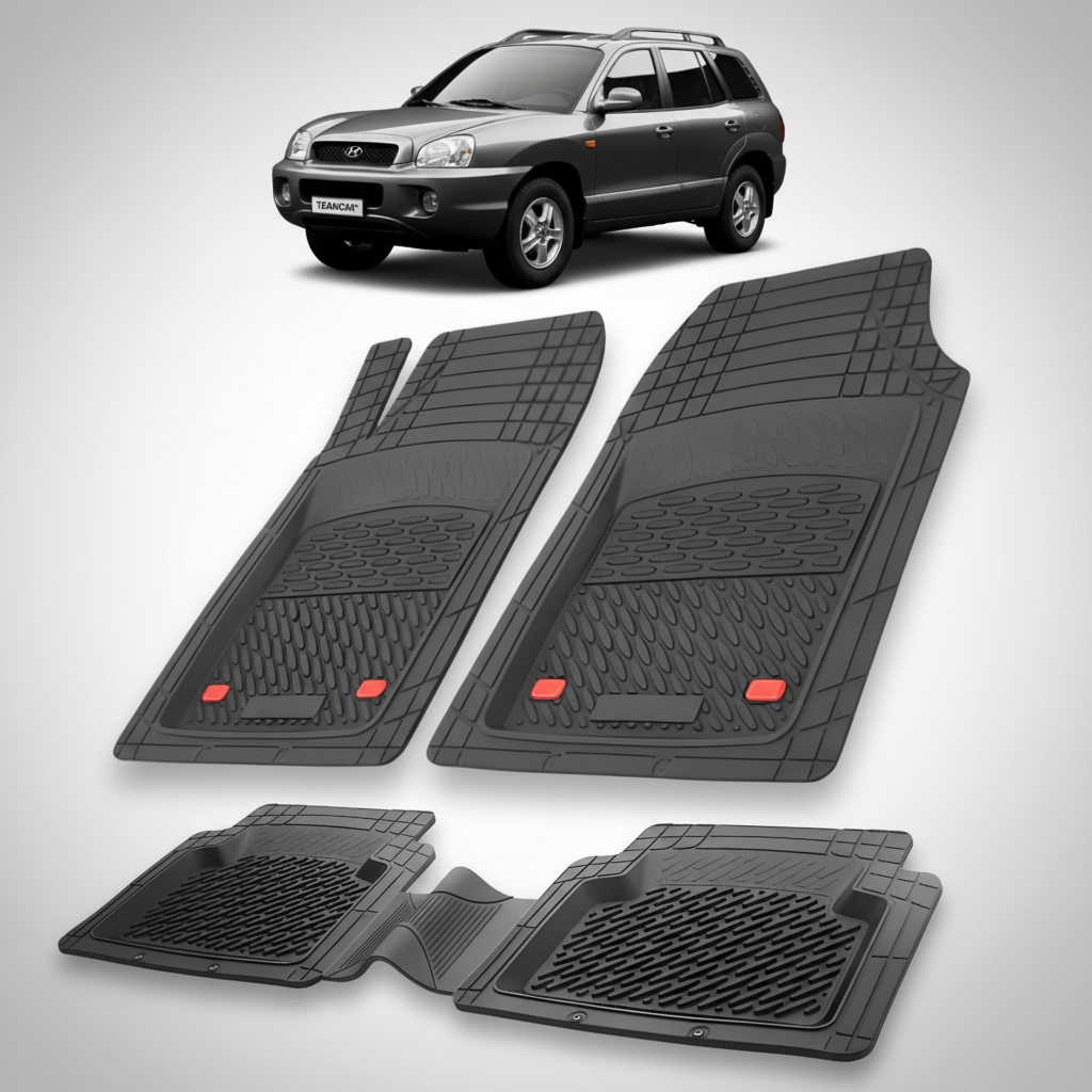 Set of black car floor mats with a Hyundai Santa Fe in the background