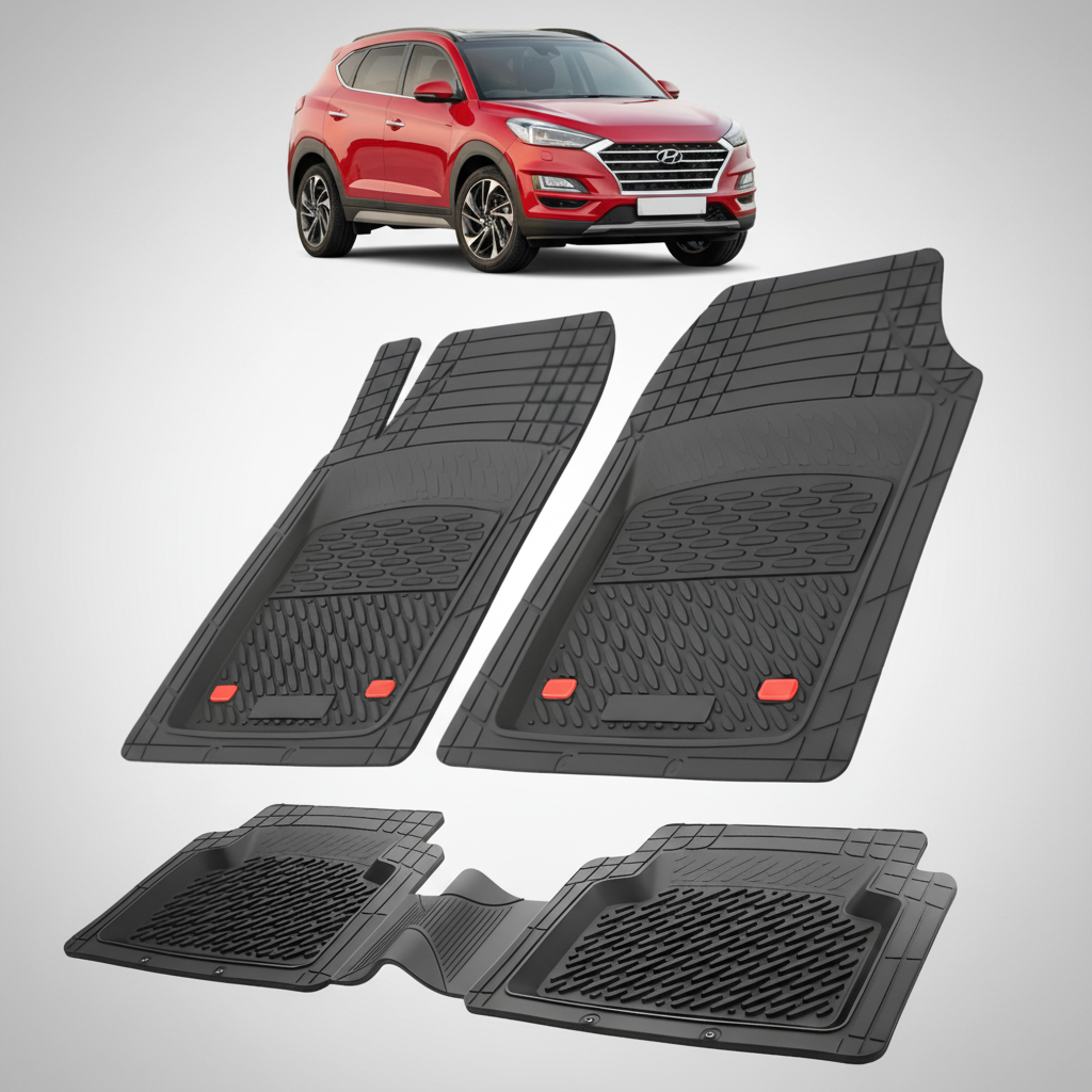 Set of black car floor mats with a red car in the background