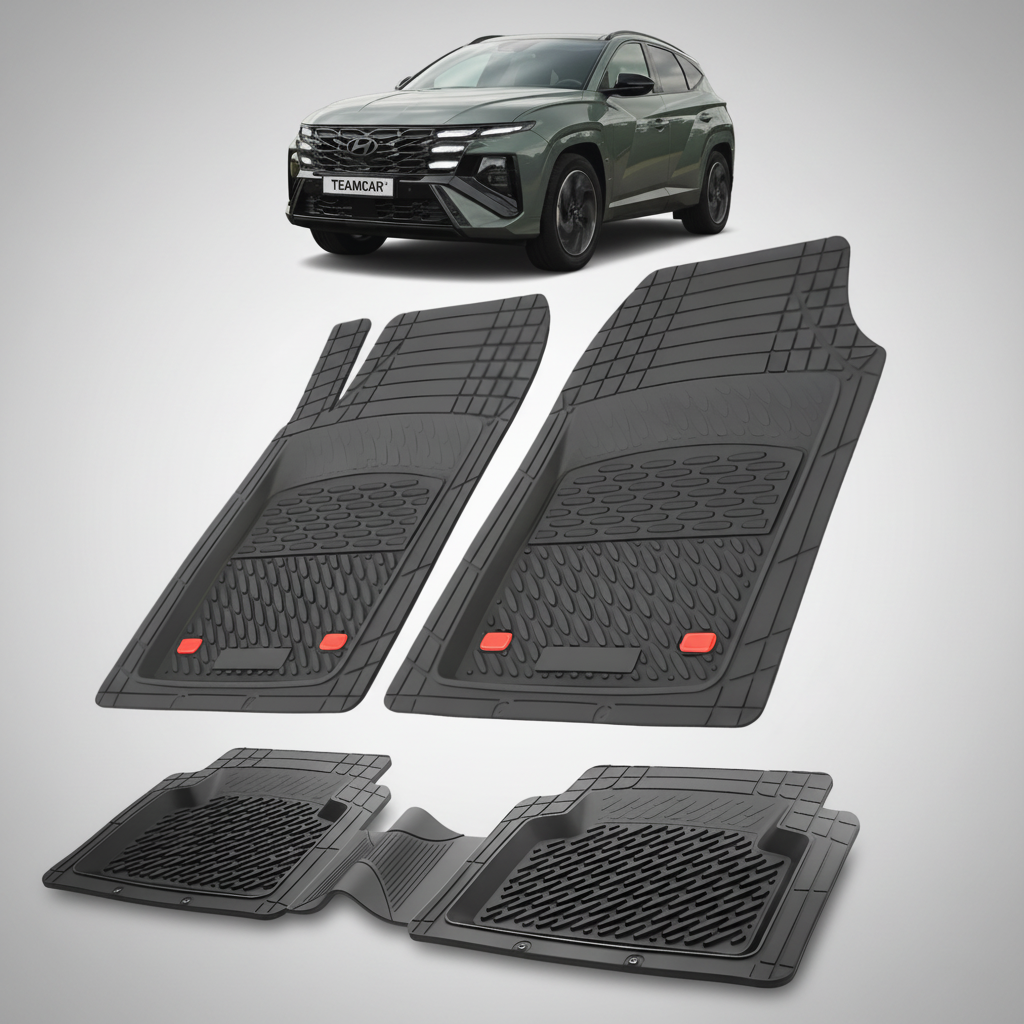 Set of black car floor mats with a Hyundai Tucson in the background