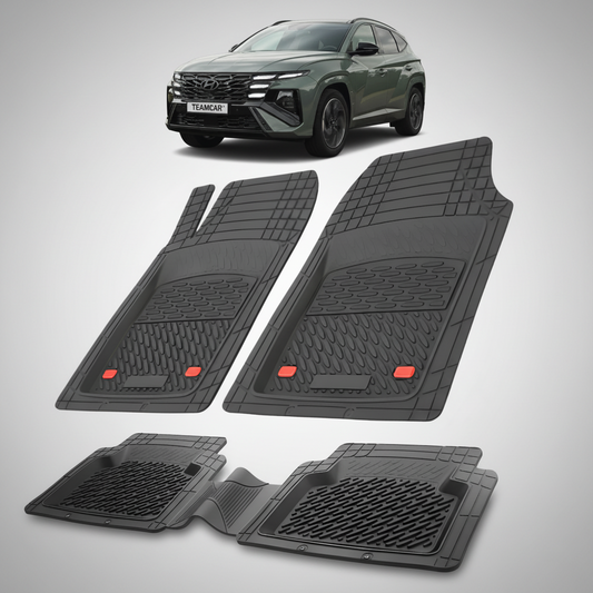 Set of black car floor mats with a Hyundai Tucson in the background