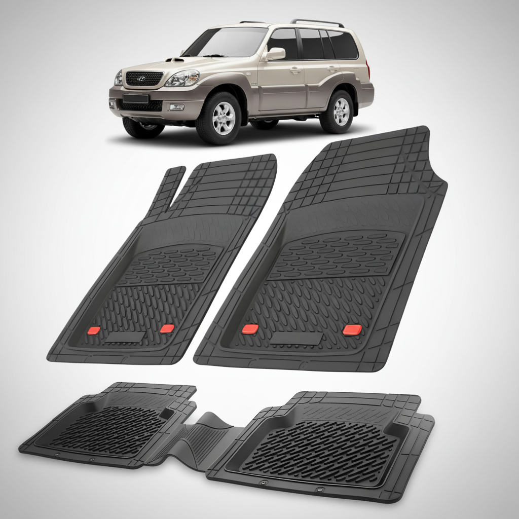 Set of black car floor mats with a beige SUV in the background