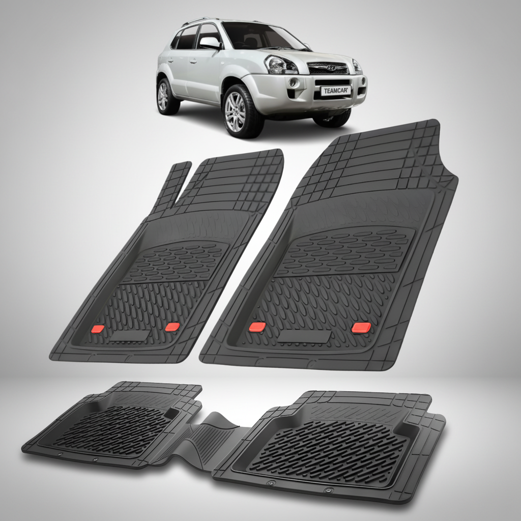 Set of black car floor mats with a white SUV in the background