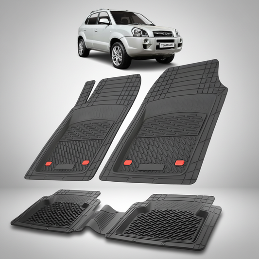 Set of black car floor mats with a white SUV in the background