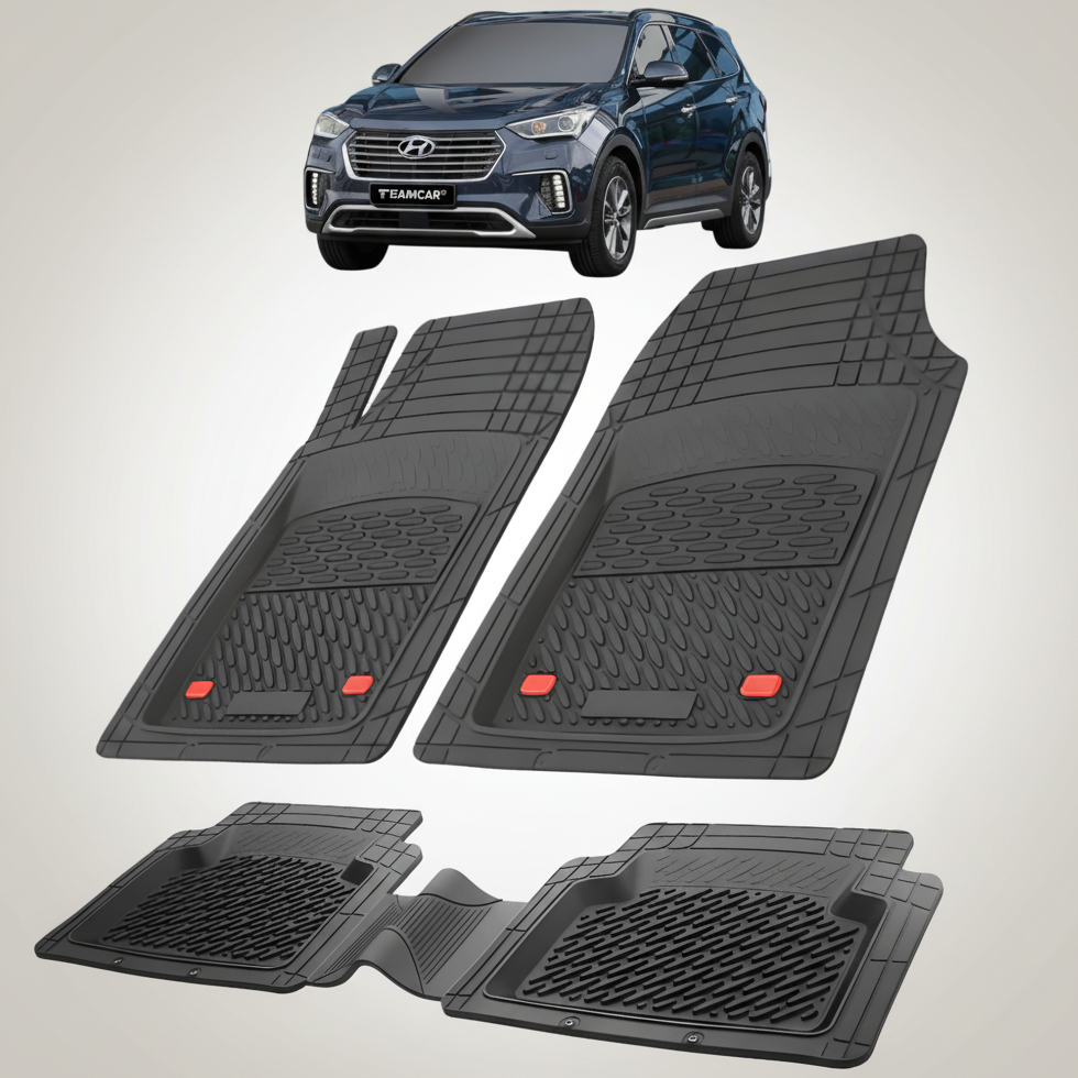 Set of black car floor mats with a Hyundai car in the background