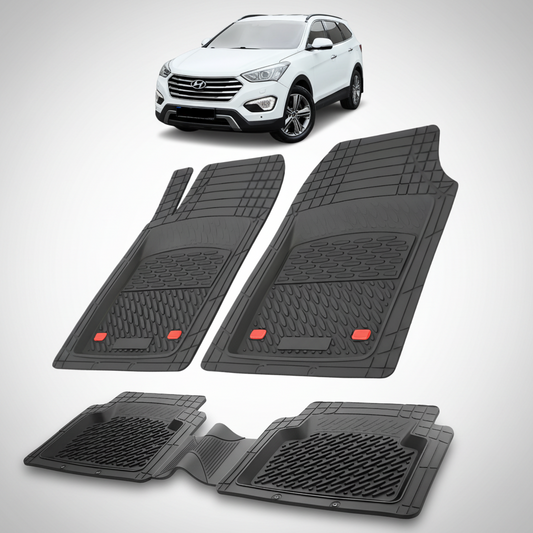 Set of black car floor mats with a white Hyundai SUV in the background.